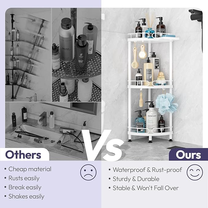 SWTYMIKI Corner Shower Caddy Standing - 3 Tier Stainless Steel Shower Organizer Stand with 4 Hooks & Soap Holder, Rustproof Metal Standing Tall Floor Shower Shelf and Bathroom Organizer, White