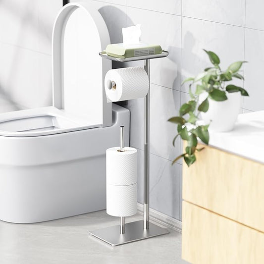 Toilet Paper Holder Stand with Top Storage Shelf, Free Standing Toilet Roll Dispenser for Bathroom, Holds 4 Reserve Rolls