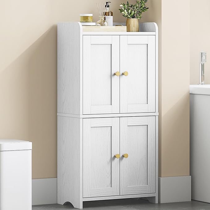 HEXCELEN Small Storage Cabinet, Bathroom Storage Cabinet with 4 Doors, Floor Bathroom Organizer Freestanding for Small Spaces, Living Room, Kitchen, Entryway (Streamlined American, White)