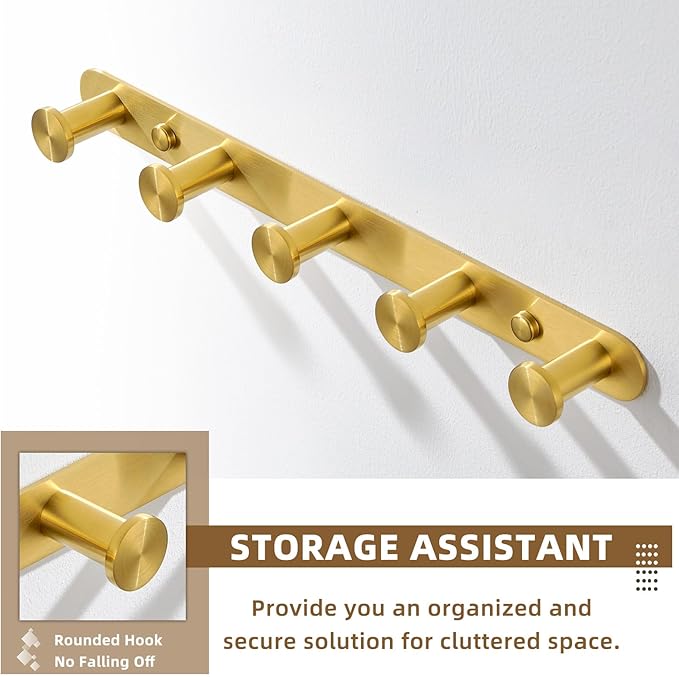 Angle Simple Towel Hook Rack Brushed Dark Gold, SUS304 Stainless Steel Bathroom Hook Rail 5 Hooks, Utility Kitchen Towel Holder, Wall Mount