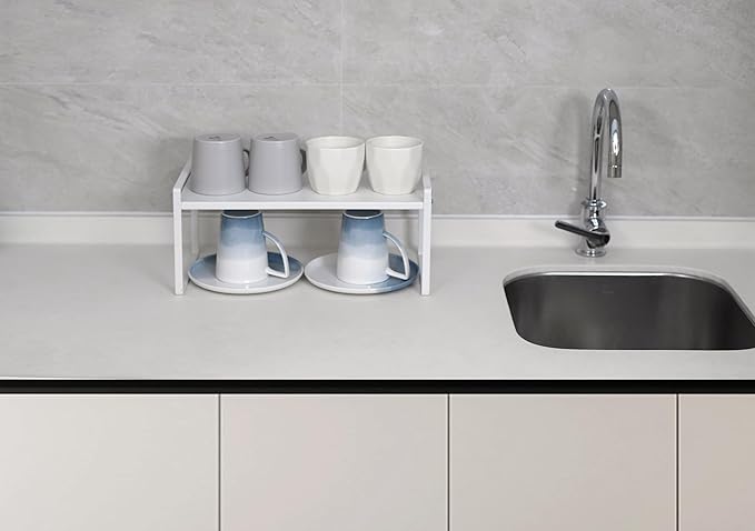Nxconsu 2 Pack Cabinet Shelf Organizer 16.1"x12"x7.3" White, Stackable Kitchen Counter Shelf Riser, Heavy Duty 3mm Steel Storage Rack for Pantry Cupboard Bathroom Under Sink, 50lbs Capacity, Non-Slip