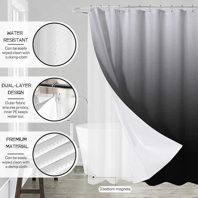 Black Glass Bathroom Accessories Set with Shower Curtain and Liner, 7-Piece Bathroom Decor Set, Soap Dispenser, Toothbrush Holder, Soap Dish, Vanity Tray, Complete Bathroom Makeover Set