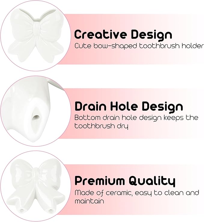 Cute Toothbrush Holder, Ceramic Bow Toothbrush Holder, with Drain Hole Bathroom Countertop Accessories, for Bathroom Canister Storage Organization, Vanity Makeup Organizer (White)
