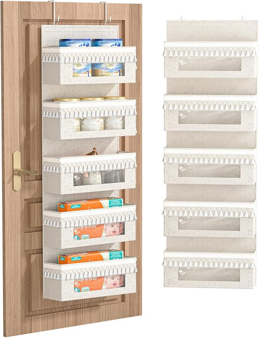 Aokeyee 5 Tier Over The Door Organizer Storage Nursery, Boho Door Organizer Hanging with Tassels and Clear Window, 65lb Behind The Door Storage for Baby Nursery, Bedroom, Bathroom