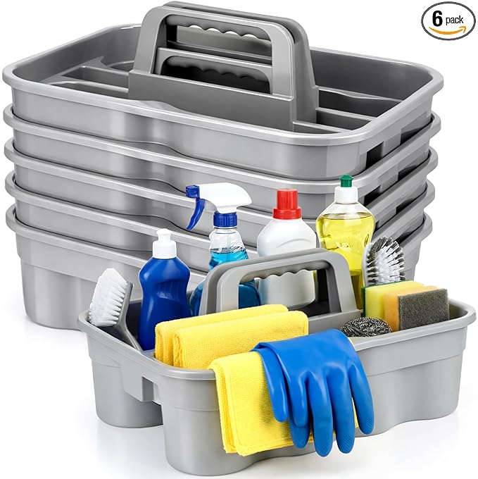 Wesiti 6 Pcs Cleaning Caddy with Handle Large Plastic Housekeeping Shower Basket Cleaning Supplies Organizer for Spray Bottles Brush Home Bathroom Office (Gray)