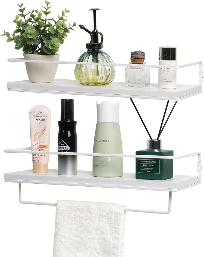 Floating Bathroom Wood Shelves Set of 2 Wall Mounted Shelf with Black Metal Frame and Towel Rack for Bathroom Over Toilet Storage and Organizers for Bedroom Living Room Kitchen Office(White)