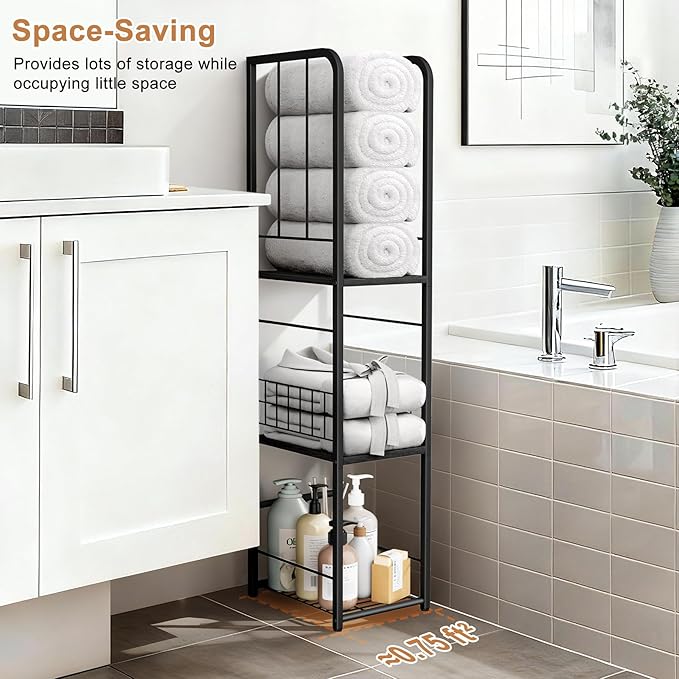 KIMBORA Narrow Towel Storage for Bathroom, 3-Tier Free Standing Bathroom Towel Organizer with Shelf for Small Bath, Pool, Black