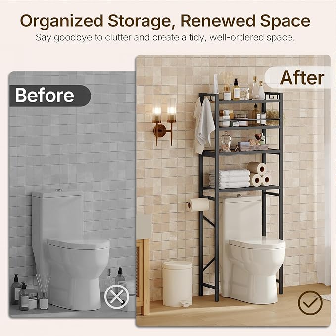 YATINEY Over The Toilet Storage Rack, 4-Tier Freestanding Bathroom Organizer Above Toilet, Toilet Shelf with Detachable Upper Shelves, X-Shaped Back Support, Rustic Brown and Black TR05BR
