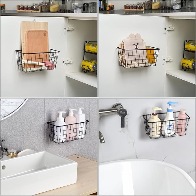 Toplife Kitchen Hanging Basket, No Drilling Cabinet Door Organizer Rack, Wall Adhesive Basket for Cabinet, Cupboard Door, Bathroom, Kitchen Storgae Baskets, Black (2 PacK)
