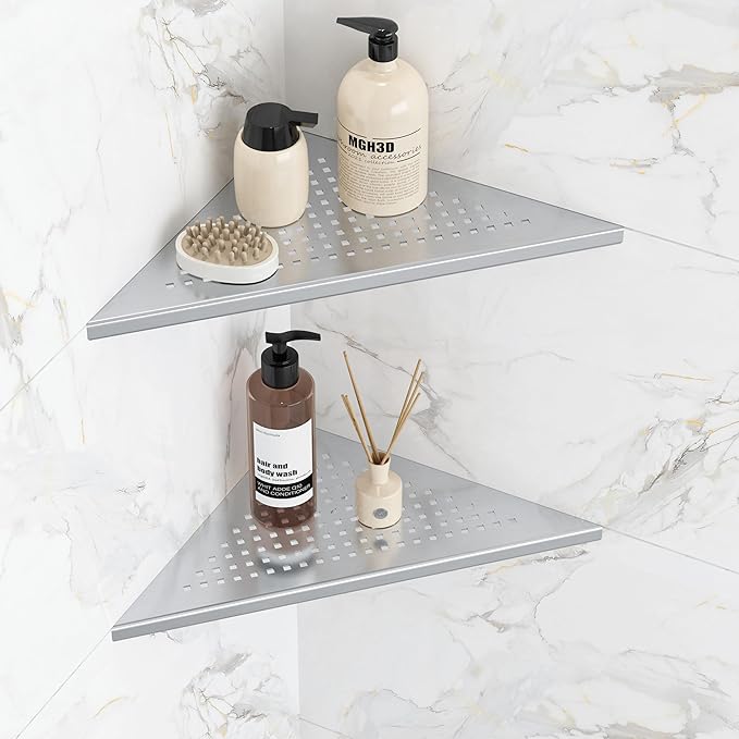 Qeke Corner Shower Shelves, 10” Recessed Tile Shower Shelf Brushed Nickel, 304 Stainless Steel Grout in Corner Tile Bathroom Shelves, No Drilling, 2 Pack