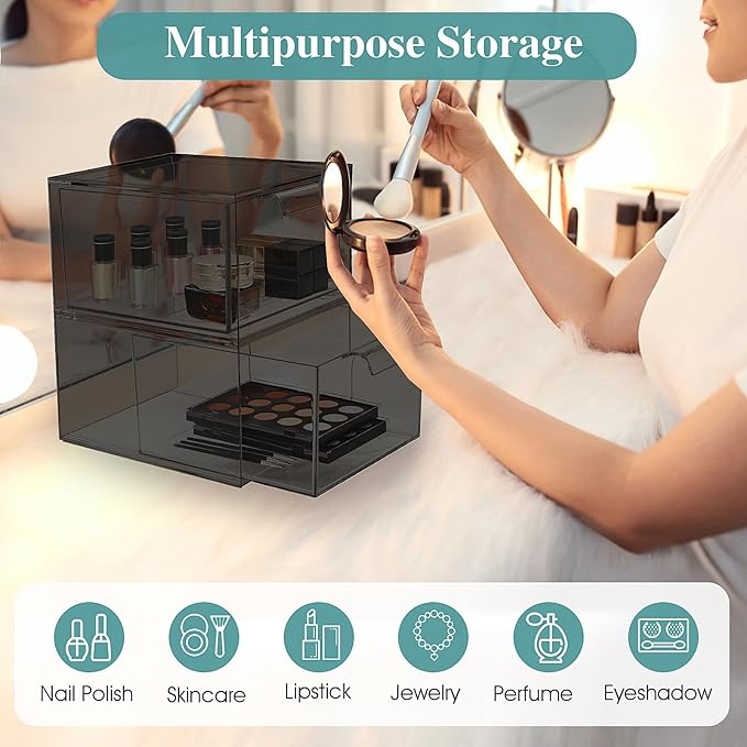 SpaceHacks 2 Pack Stackable Makeup Organizer and Storage, Acrylic Organizers，Clear Plastic Storage Drawer with Pull-Out Handles for Vanity, Undersink, Kitchen Cabinets, Pantry, Black