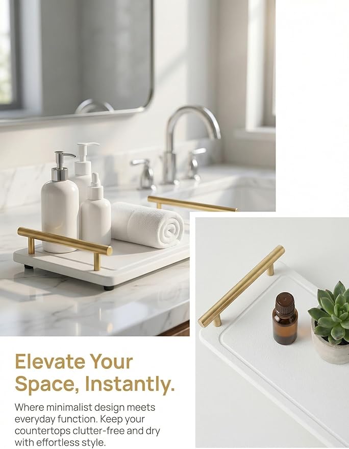 Instant Dry Sink Caddy Organizer,Diatomaceous Earth Bathroom Organizer with Handle Water Absorbing Stone Tray for Sink Water Absorbent Diatomite Coasters (L White Gold Handle)