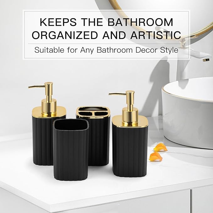 4-Piece Bathroom Accessories Set, Black and Gold Bathroom Set Includes 2 Soap Dispensers, a Toothbrush Holder and Cup, Black Gold Bathroom Decor for Modern Homes