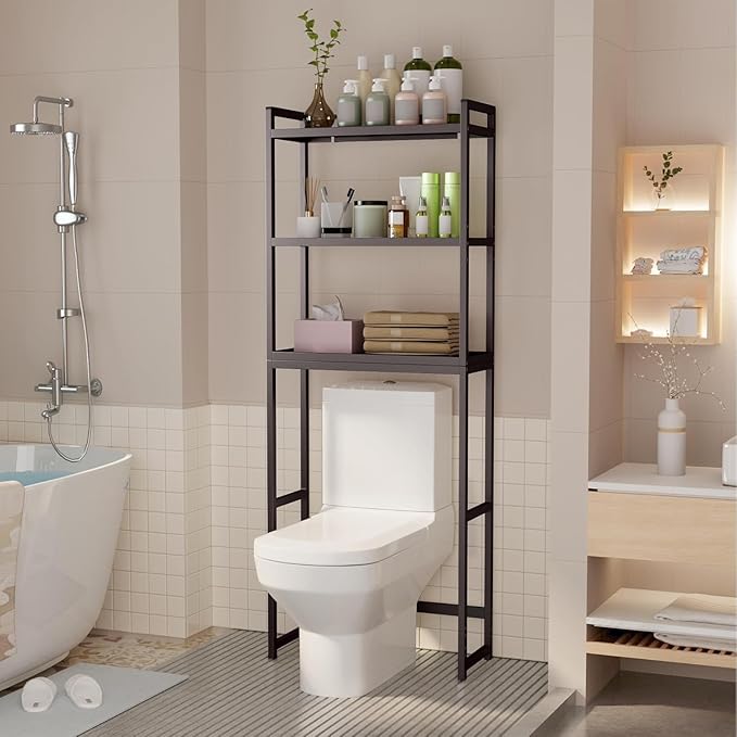Gizoon Over The Toilet Storage, 3 Tier Bamboo Bathroom Organizer with Adjustable Shelf, Freestanding Above Toilet Stand, Bathroom Storage Shelf Rack