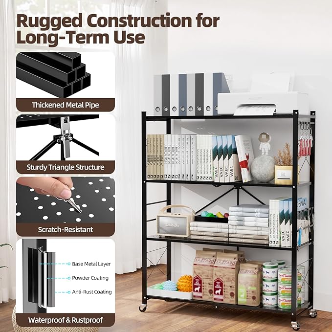 39.4" Wide 4-Tier Foldable Storage Shelves with 4 Wheels & 20 Hooks, Heavy Duty Metal Folding Shelf Unit, No Assembly, Adjustable 3rd Shelf for Kitchen, Garage, Pantry, Bookshelf, Black