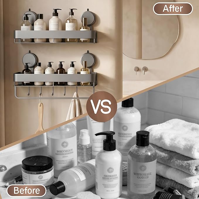 Stainless Steel Wall Mounted Bathroom Shelves with Removable Hooks and Tools