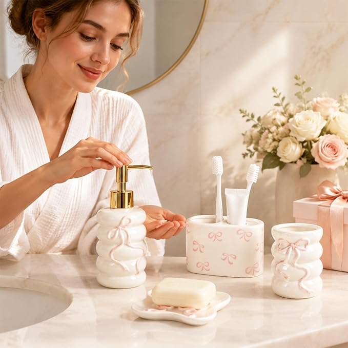 JarThenaAMCS 4Pcs Pink 3D Bow Bathroom Accessories Coquette Ceramic Liquid Dispenser Toothbrush Holder Tumbler Soap Dish for Valentine's Day Home Vanity Decor