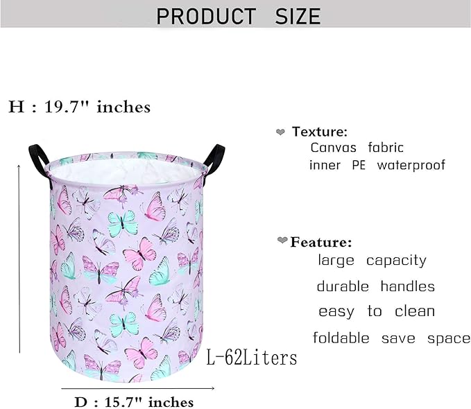 Kids Laundry Hamper Clothes Gift Basket Storage Laundry Baskets Organizer Bin with Handles for Nursery Room (Purple Butterfly)