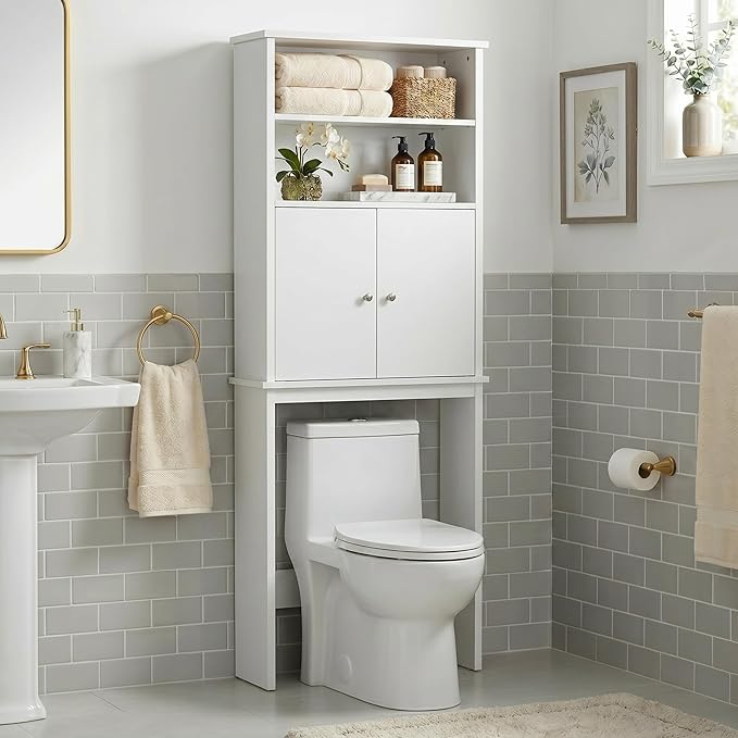 Nuturelly Over The Toilet Storage Cabinet, Bathroom Storage Organizer with Adjustable Shelves and Double Wooden Doors, Freestanding Above Toilet Storage with Open Shelf, Wooden Toilet Rack, White