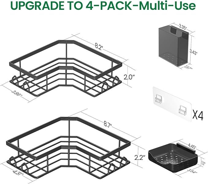 Adhesive Shower Caddy, 4 Pack Corner Bath Organizer, Rustproof Stainless Steel Shower Shelves with Large Capacity, No Drilling Shelves for Bathroom Storage, Home, Kitchen Décor