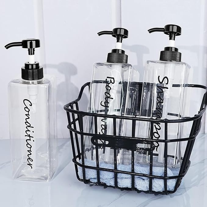 Shampoo Dispenser - Refillable Shampoo and Conditioner Bottles (Clear, Set of 3, 21oz) - Modern Shampoo Bottles for Shower Soap - Empty Shampoo Conditioner Body Wash Dispenser (Black) (White)
