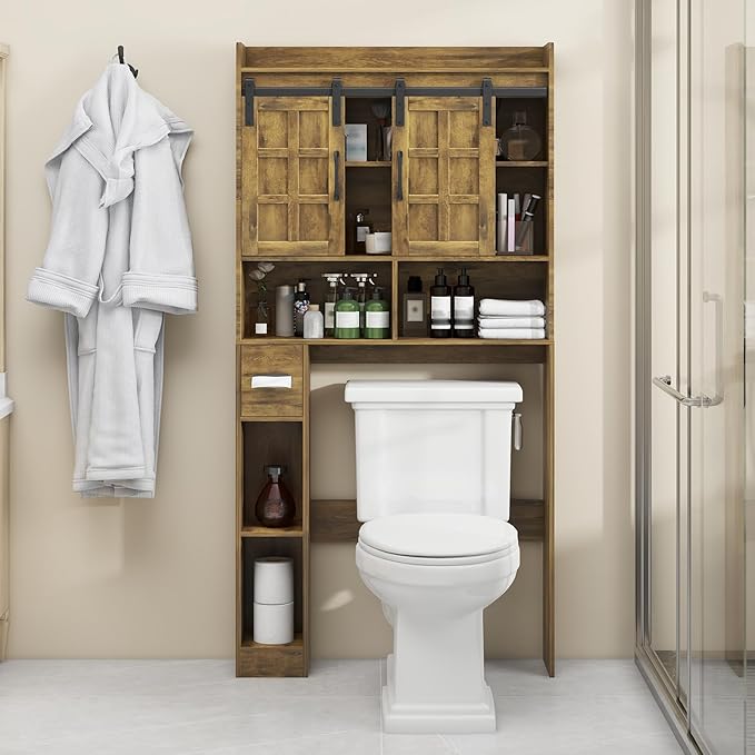 Halitaa Over The Toilet Storage Cabinet, Farmhouse Storage Cabinet Over Toilet with Sliding Doors，Home Space-Saving Toilet Rack, for Bathroom, Restroom, Laundry(Brown