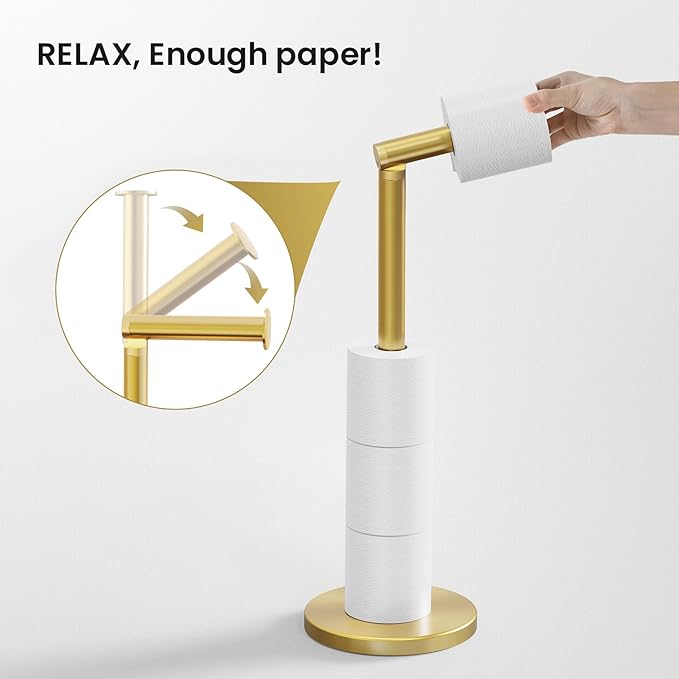 Cesun Extra Weighted Base Toilet Paper Holder Stand - SUS304 Rust Proof Free Standing Tissue Roll Holder for 4 Rolls, No Tipping, No Slipping, Gold