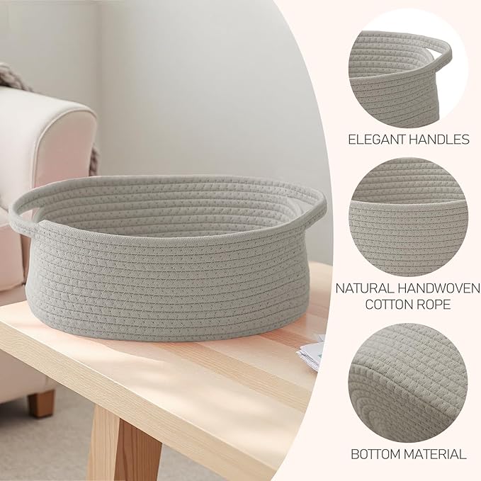 JMvicyroam Woven Basket,Small Rope Storage Bin with Handles & Ribbon Bag, Organizer for Shelves Closets,Gift Basket Empty for Birthday,Books,Dog Toys, Grey/3 Pack