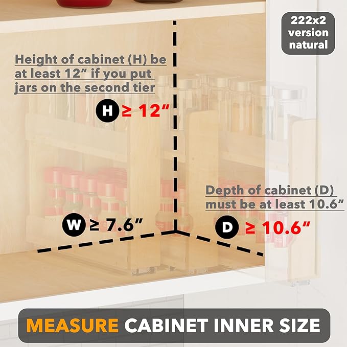 SpaceAid Bamboo Pull Out Spice Rack Organizer for Cabinet, Heavy Duty Slide Out Seasoning Kitchen Pantry Sliding Vertical Organization, 7.6" Wide, 3 Drawers(2" Wide), 2-Tier, Natural