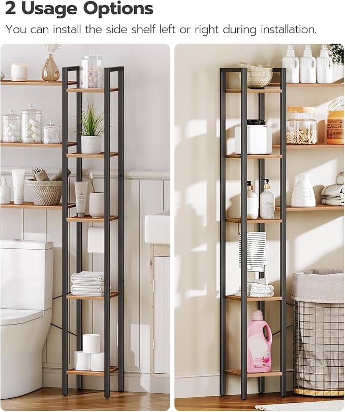 HOOBRO Over The Toilet Storage, 8-Tier Bathroom Organizer Over Toilet Shelf, Storage Rack Above Toilet Stand, Freestanding Space Saver, Toilet Paper Holder, Rustic Brown and Black BF86TS01
