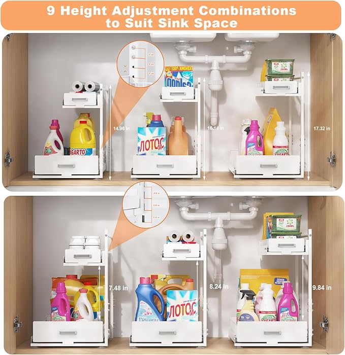 2 Pack Under Sink Organizer, 2 Tier Slide Out Cabinet Organizer with Pulley, Height Adjustable Pull Out Shelf for Kitchen, Bathroom, Laundry and Utility Storage, White