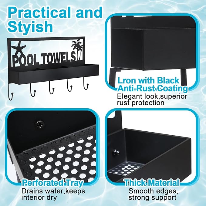 Pool Towel Rack - 2-in-1 Outdoor Poolside Beach Washcloth Drying Rack Holder, Wall Mounted Metal Hooks Decor for Bath Towel Storage, Robe Swimsuit, Coat, Bags, Phone, Keys - Black