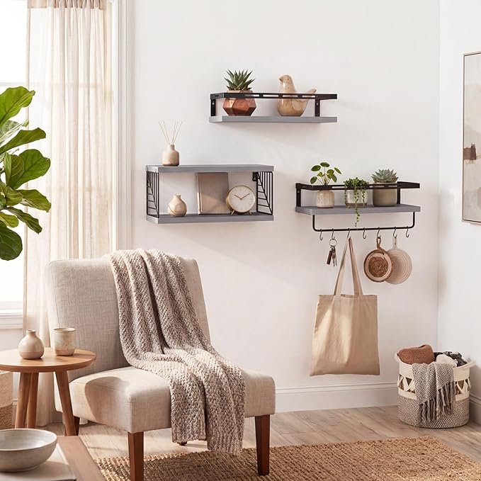 Fixwal Wall Mounted Bathroom Shelves Over Toilet, Rustic Wood Floating Shelves with Metal Frame and Towel Bar for Bathroom, Kitchen, Bedroom, Living Room (3 Plus 1 Gray)