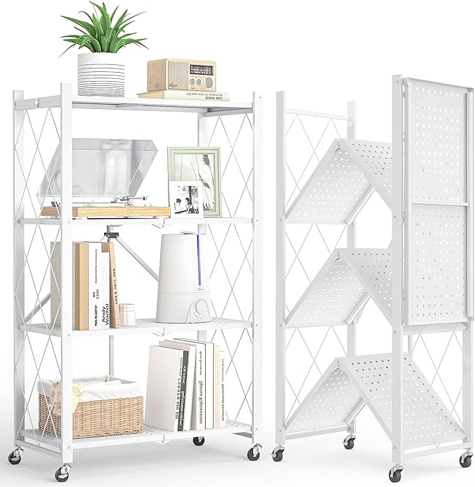 4-Tier Folding Metal Storage Rack - 50" Heavy-Duty Steel Frame with Wheels, No Assembly Utility Organizer, Rolling Shelving Unit for Kitchen, Garage, Pantry, Bedroom (White, 4 Tier)