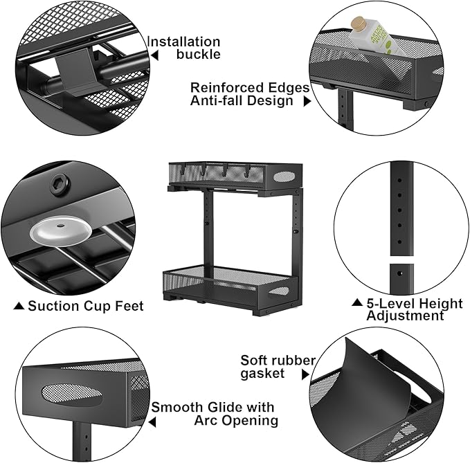 2 Pack Under Sink Pull Out Organizer, 2-Tier Adjustable Height Carbon Steel Storage Rack for Kitchen and Bathroom Cabinet, Black