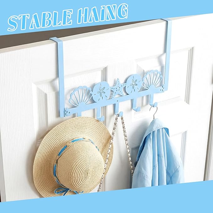 AceOrbit Blue Beach Over The Door Hooks Seashells and Starfish Wall Mount Bathroom Towel Hanger Decorative Nautical Coastal Door Holder Rack with 5 Hooks Hanging for Coat Keys Bags Home Room Decor