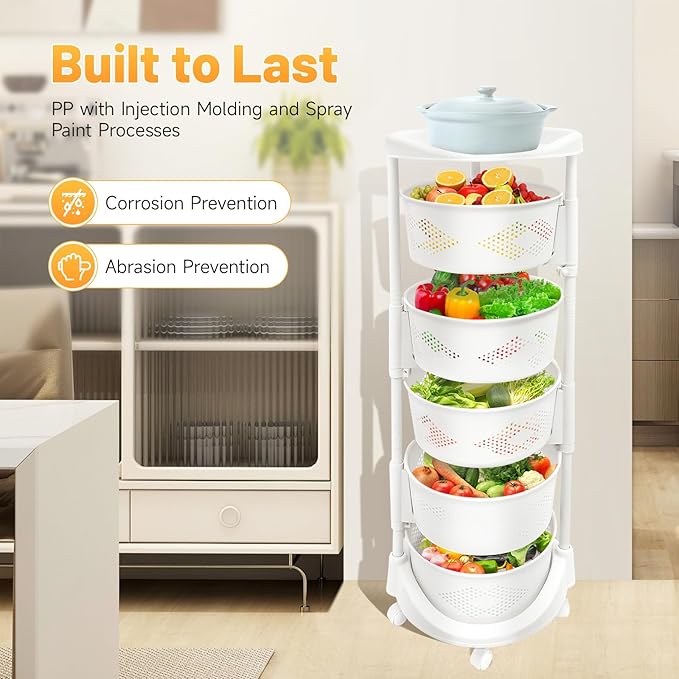 5 Tier Multi-Layer Kitchen Storage Rack, Rotating Storage Shelves Organizer,Floor Standing Storage Rack Basket Shelf Kitchen Storage Cart with Wheels Storage Basket for Living Rooms, Kitchens (White)