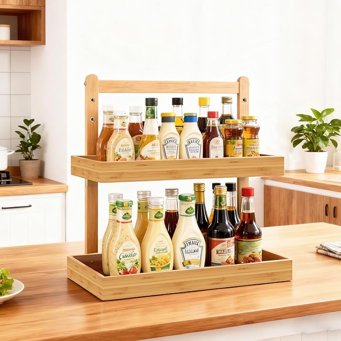 Bamboo Undersink Organizer Storage - 2-Tier Cabinet Shelf with Adjustable Levels, Under Sink Storage Slide Out for Cabinet Pantry Kitchen Bathroom (Natural)