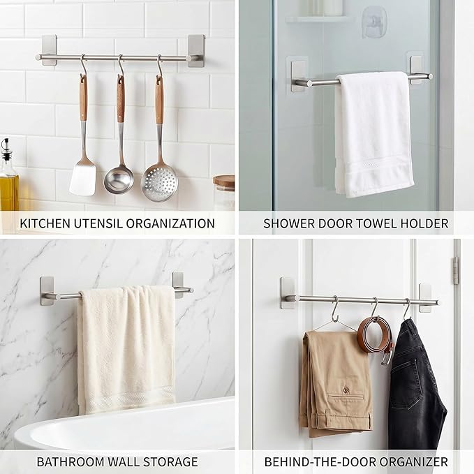 Adhesive Bath Towel Bar 24-inch, No Drill Stick On Towel Rack, Easy Install with Self-Adhesive, Premium SUS304 Stainless Steel (Brush Nickle, 24)