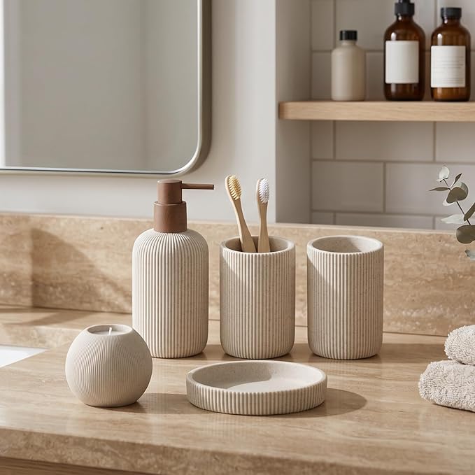Bathroom Accessories Set, 5 PCS Sandstone Look Stripe Modern Bath Organizer with Soap Dispenser, Toothbrush Holder, Tumbler, Soap Dish, Candle Holder for Countertop Kitchen Sink (Beige)