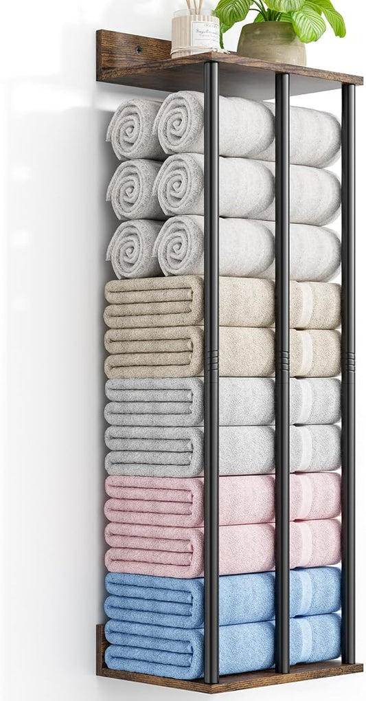 Towel Racks for Bathroom Wall Mounted with Wooden Storage Shelf, Updated 3 Bar Metal Towel Holder for Rolled Towels, Sturdy and Large Capacity, Towel Storage Organizer-Rustic