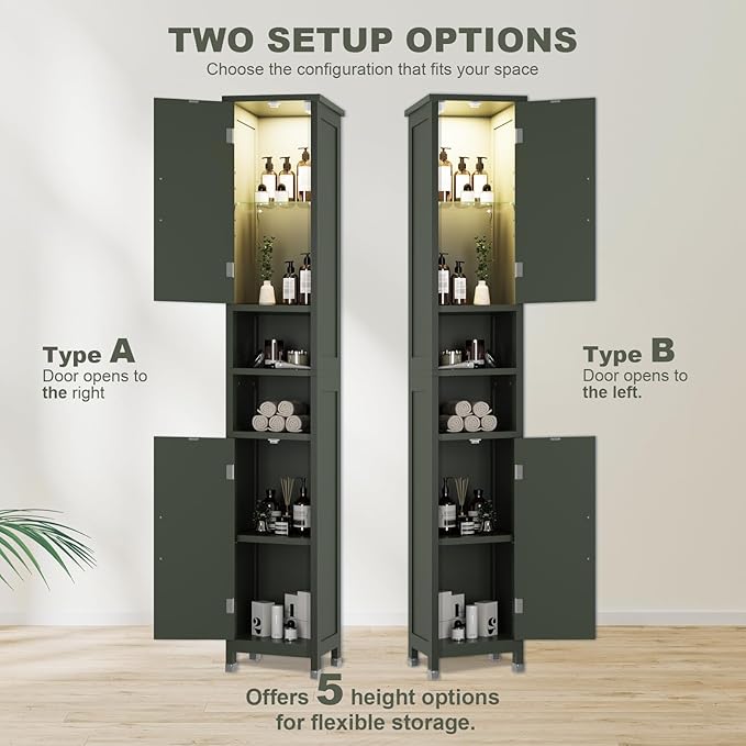 Hawkrown 67" Tall Bathroom Storage Cabinet with Lights, Slim Narrow Bathroom Cabinet Organizer with Doors and Adjustable Shelves, Tall Cabinet for Small Space (66.9" Tall-Green with Light)