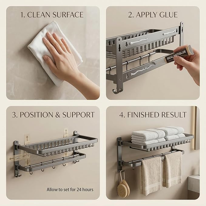 24 inch Towel Rack for Bathroom Wall Mounted, 2 Tier Foldable Bathroom Shelf with Tower Bars, Sturdy&Durable Aluminum Bath Towel Holder Lavatory Storage Organizer