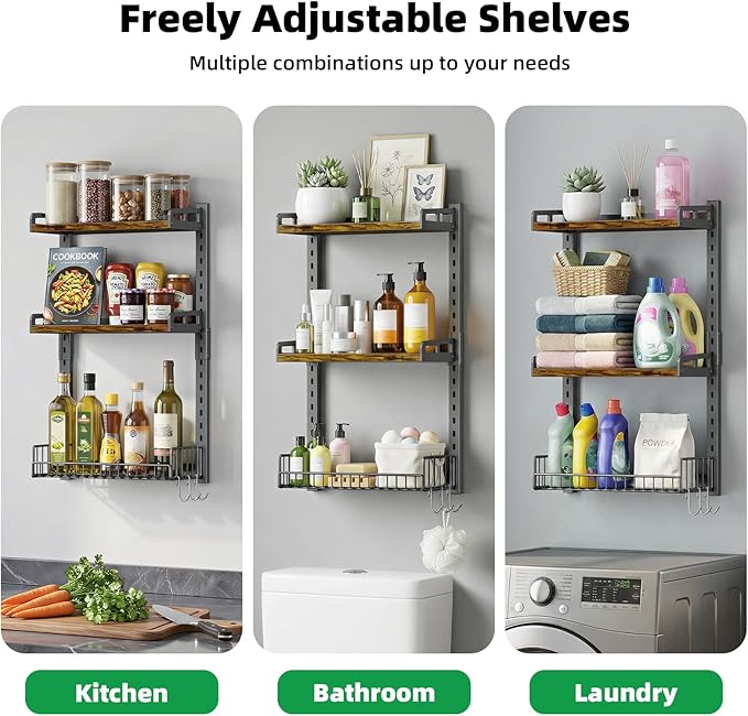 Kalrin 3 Tier Bathroom Shelves Over Toilet - Wall Mounted Floating Shelves with Drain Basket, Toilet Paper Storage, Height Adjustable Over The Toilet Storage, Vintage Brown