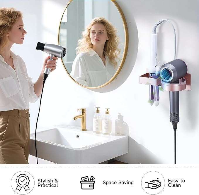 Hair Dryer Holder Wall Mounted, Hair Straightener Holder, Blow Dryer Holder Adhesive, Hair Tool Organizer for Flat Iron, Hairdryer, Curling Iron Holder for Bathroom Vanity Barber Shop (Rose Gold)