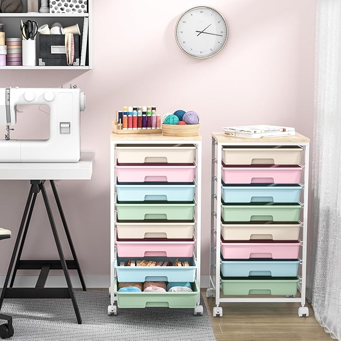 SYKIARIOL Rolling Storage Cart with Drawers,Utility Cart With 8 Drawers and Wooden Tabletop,Rolling Drawer Cart,Storage Drawer Cart for Living Room,Classroom,Bedroom,Bathroom,Dorm,Office,Rainbow