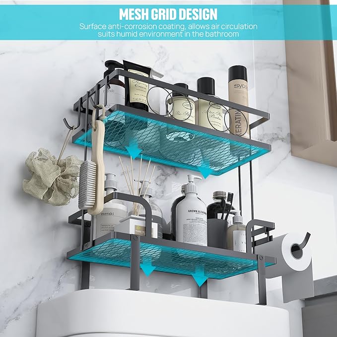 Over The Toilet Storage，Bathroom Shelves Over Toilet,2 Tier Above Toilet Storage with Hanging Hook & Toilet Paper Holder,Non-Trace Adhesive, No Drilling Toilet Organizer (Black)