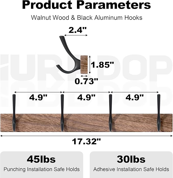 17 Inch Walnut Wood Wall Mounted Coat Rack with 4 Black Double Hooks, Adhesive Mounted Entryway Hooks, Modern Natural Wooden Pegs for Hanging Coat Clothes Hat Bag Purse Key and Towel