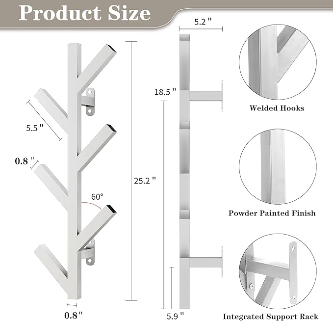 Vlush Wall Mounted Metal Coat Rack with 6 Hooks Modern Minimalist & Upright Coat Rack for Hanging Clothes, Hats, Hanging Bags and Scarves Entrance Wall Iron Coat Racks (White)