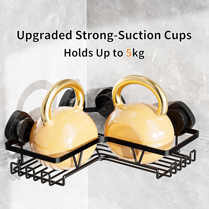 KEGII 5 Pack Corner Shower Caddy Suction Cup, Large Capacity Bathroom Organizer with Soap Dish & Toothbrush Holder, No Drilling Stainless Steel Wall Mounted Shower Storage, Black